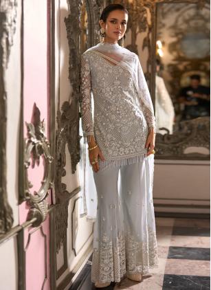
                      Aqua Blue Embroidered Cut Dana Work Net Salwar Kameez