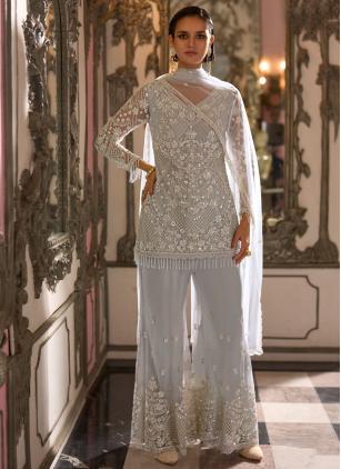 
                      Aqua Blue Embroidered Cut Dana Work Net Salwar Kameez