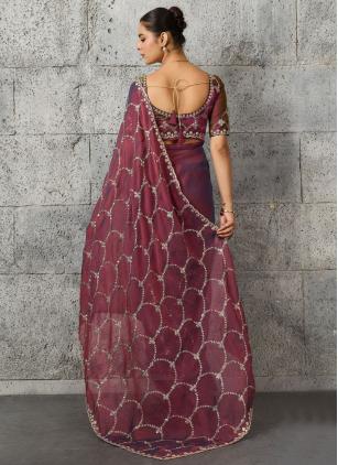 
                      Cut Work Festival Blue and Wine Chiffon Trendy Saree