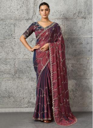 
                      Cut Work Festival Blue and Wine Chiffon Trendy Saree