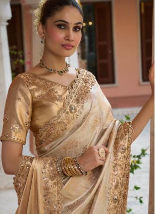 
                      Beads Work Cream Kanjivaram Silk Classic Saree