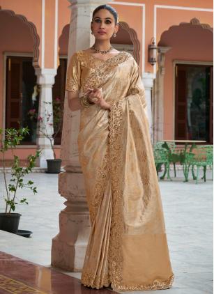 
                      Beads Work Cream Kanjivaram Silk Classic Saree