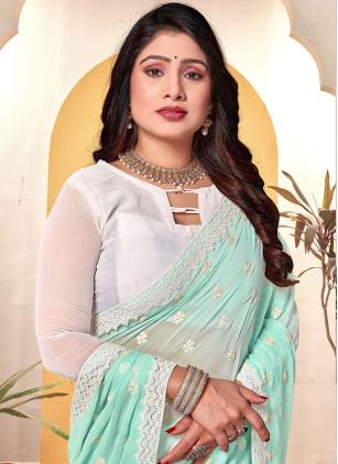 
                      Dazzling Black and White Embroidered Georgette Trendy Saree