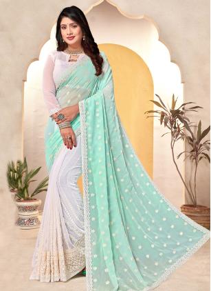 
                      Dazzling Black and White Embroidered Georgette Trendy Saree