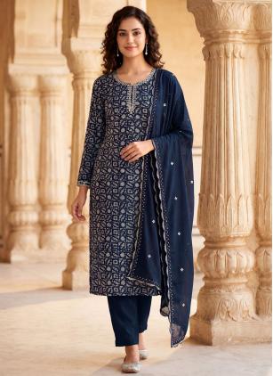 
                      Blue Rayon Cotton Khatli Work Pant Style Suit