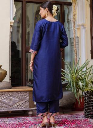 
                      Embroidered Blue Silk Blend Readymade Salwar Suit