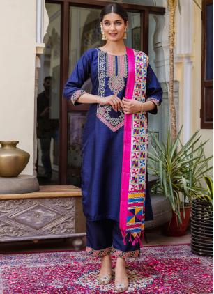 
                      Embroidered Blue Silk Blend Readymade Salwar Suit