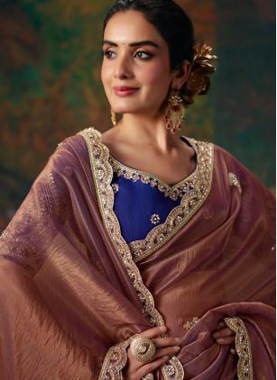 
                      Brown Fancy Fabric Beads Zari Work Trendy Saree