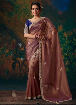 
                      Brown Fancy Fabric Beads Zari Work Trendy Saree