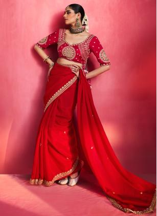 
                      Red Embroidered Fancy Fabric Classic Engagement Saree