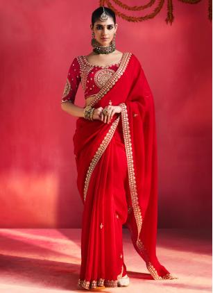 
                      Red Embroidered Fancy Fabric Classic Engagement Saree