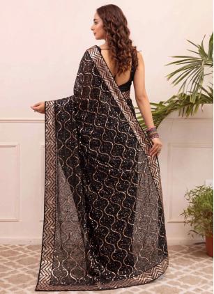 
                      Embroidered Sequins Work Black and Gold Georgette Trendy Saree