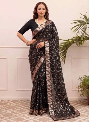 
                      Embroidered Sequins Work Black and Gold Georgette Trendy Saree