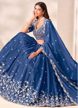 
                      Embroidered Chinon Blue Sangeet Lehenga Choli