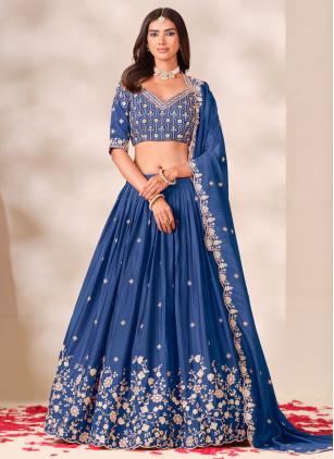
                      Embroidered Chinon Blue Sangeet Lehenga Choli
