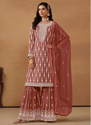 
                      Faux Georgette Embroidered Brown Designer Salwar Suit