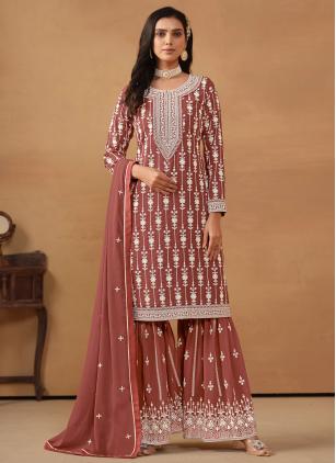 
                      Faux Georgette Embroidered Brown Designer Salwar Suit