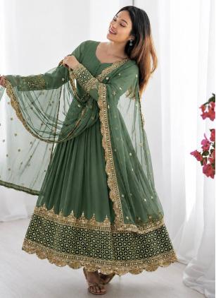 
                      Faux Georgette Embroidered Green Readymade Gown