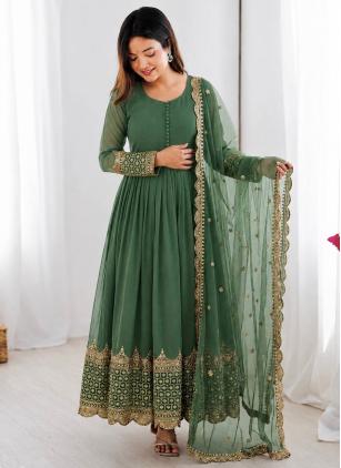 
                      Faux Georgette Embroidered Green Readymade Gown