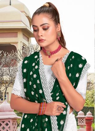 
                      Dazzling Green and White Embroidered Designer Saree