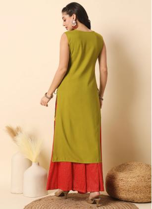 
                      Rayon Green Plain Work Casual Kurti