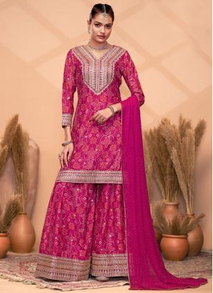 
                      Embroidered Magenta and Purple Chinon Readymade Salwar Suit
