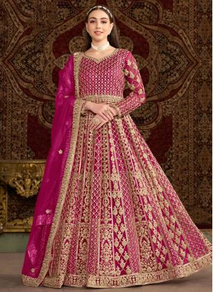 
                      Dazzling Magenta and Rani Embroidered Net Gown