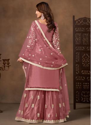 
                      Dazzling Pink Net Embroidered Palazzo Suit