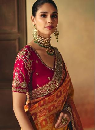 Pure Georgette Red and Yellow Beads Contemporary S