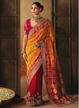 Pure Georgette Red and Yellow Beads Contemporary S
