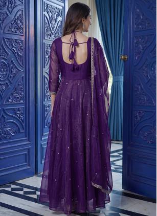 
                      Purple Embroidered Trendy Gown With Dupatta