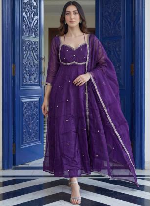 
                      Purple Embroidered Trendy Gown With Dupatta