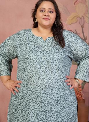 
                      Plus Size Sea Green Cotton Printed Casual Kurti