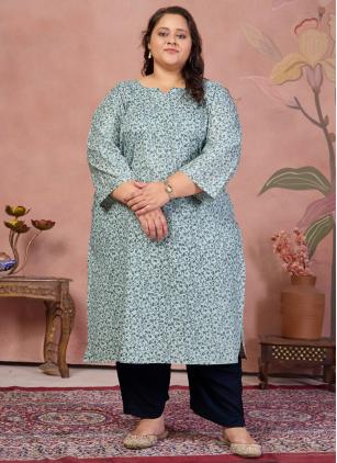 
                      Plus Size Sea Green Cotton Printed Casual Kurti