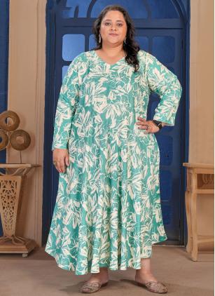 
                      Sea Green Printed Rayon Plus Size Gown