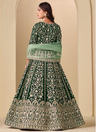 
                      Velvet Embroidered Green Anarkali Suit