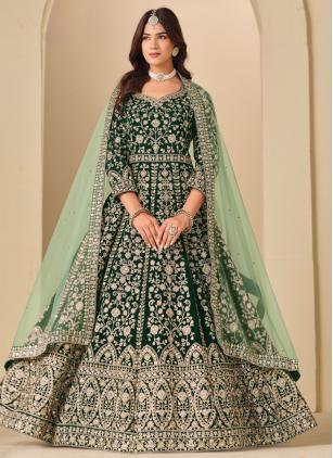 
                      Velvet Embroidered Green Anarkali Suit