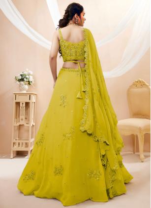 
                      Embroidered, Sequins and Zari Work Yellow Georgette Lehenga Choli
