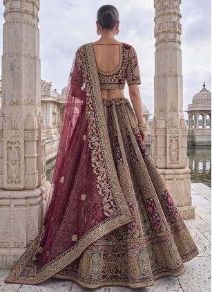 
                      Maroon Sequins, Dori Work Velvet Designer Bridal Lehenga Choli