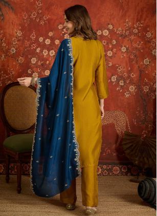 
                      Embroidered Casual Mustard Vichitra Silk Salwar Kameez