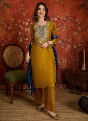 
                      Embroidered Casual Mustard Vichitra Silk Salwar Kameez
