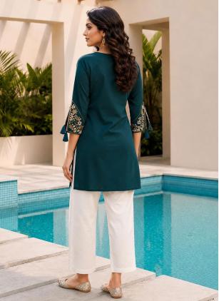 
                      Embroidered Casual Teal Rayon Casual Kurti