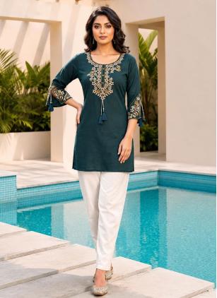 
                      Embroidered Casual Teal Rayon Casual Kurti