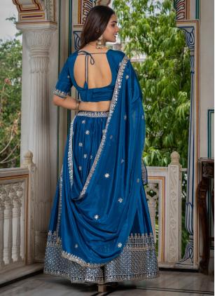 
                      Sequins Embroidered Blue Chinon Lehenga Choli