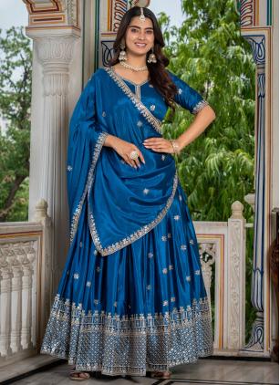 
                      Sequins Embroidered Blue Chinon Lehenga Choli