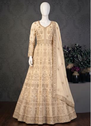 
                      Embroidered Ceremonial Cream Georgette Designer Gown