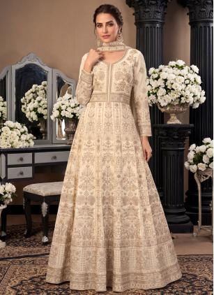 
                      Embroidered Ceremonial Cream Georgette Designer Gown