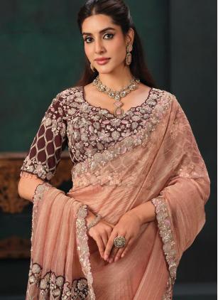 
                      Embroidered Ceremonial Peach Crush Silk Saree