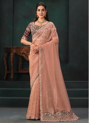 
                      Embroidered Ceremonial Peach Crush Silk Saree