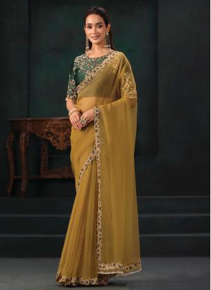 
                      Embroidered Ceremonial Yellow Organza Classic Saree